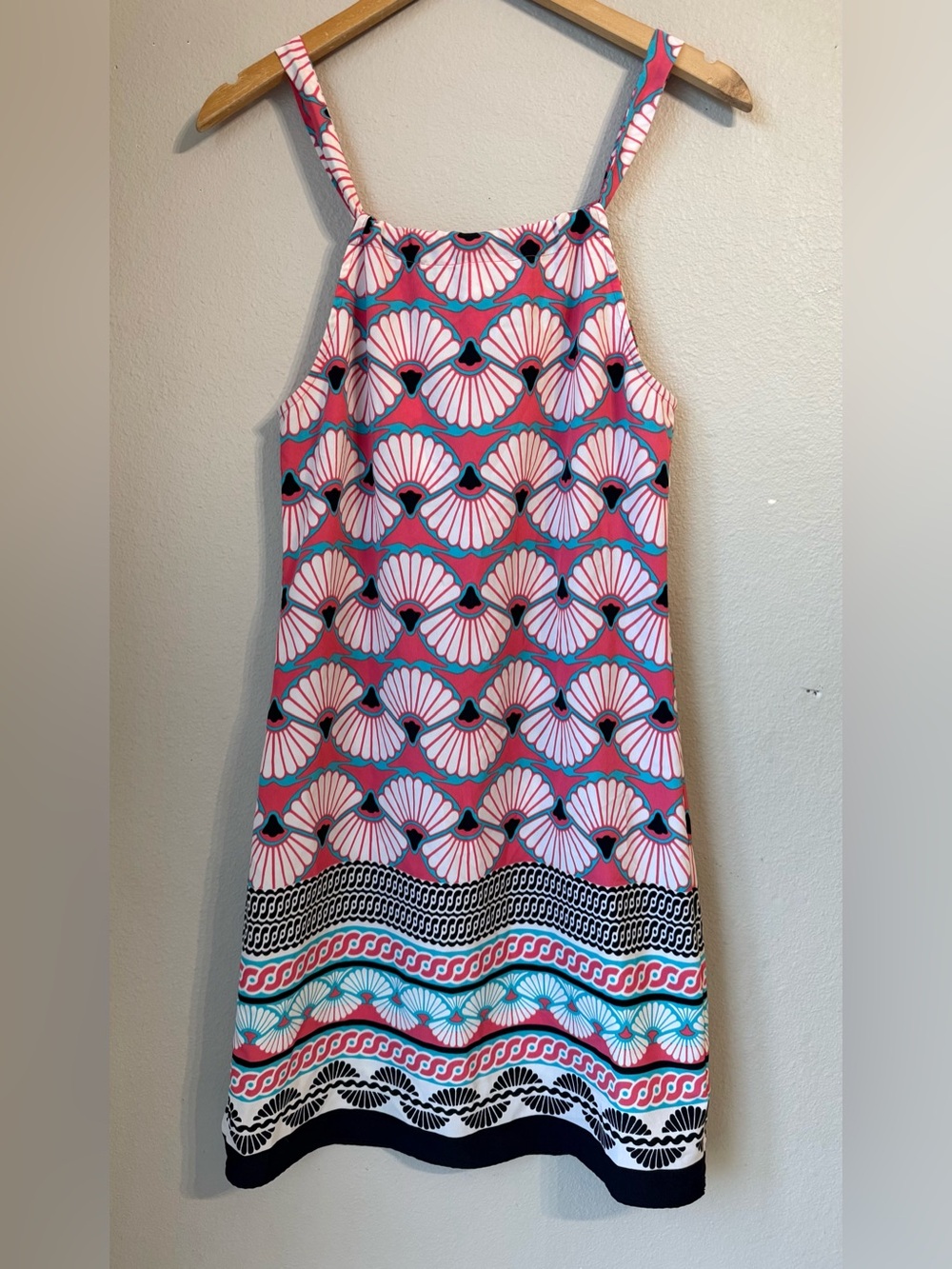 Crown & Ivy Shell Fan Print Halter Tie Dress Pink Black Teal Women’s Size XS